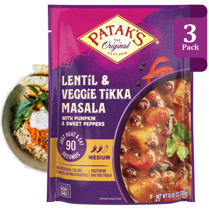 Patak’s Lentil & Veggie Tikka Masala - Vegetarian Indian Curry w/Lentils, Beans, Pumpkin, Sweet Potatoes & Vegetables - Ready-to-Eat Microwaveable Meal - Serve with Rice or Naan - 10.5oz (Pack of 3)