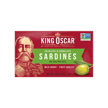 King Oscar Sardines in Olive Oil, 4.38 Ounce Cans (Pack of 12, Packaging May Vary), Skinless & Boneless, Wild Caught Canned Sardines