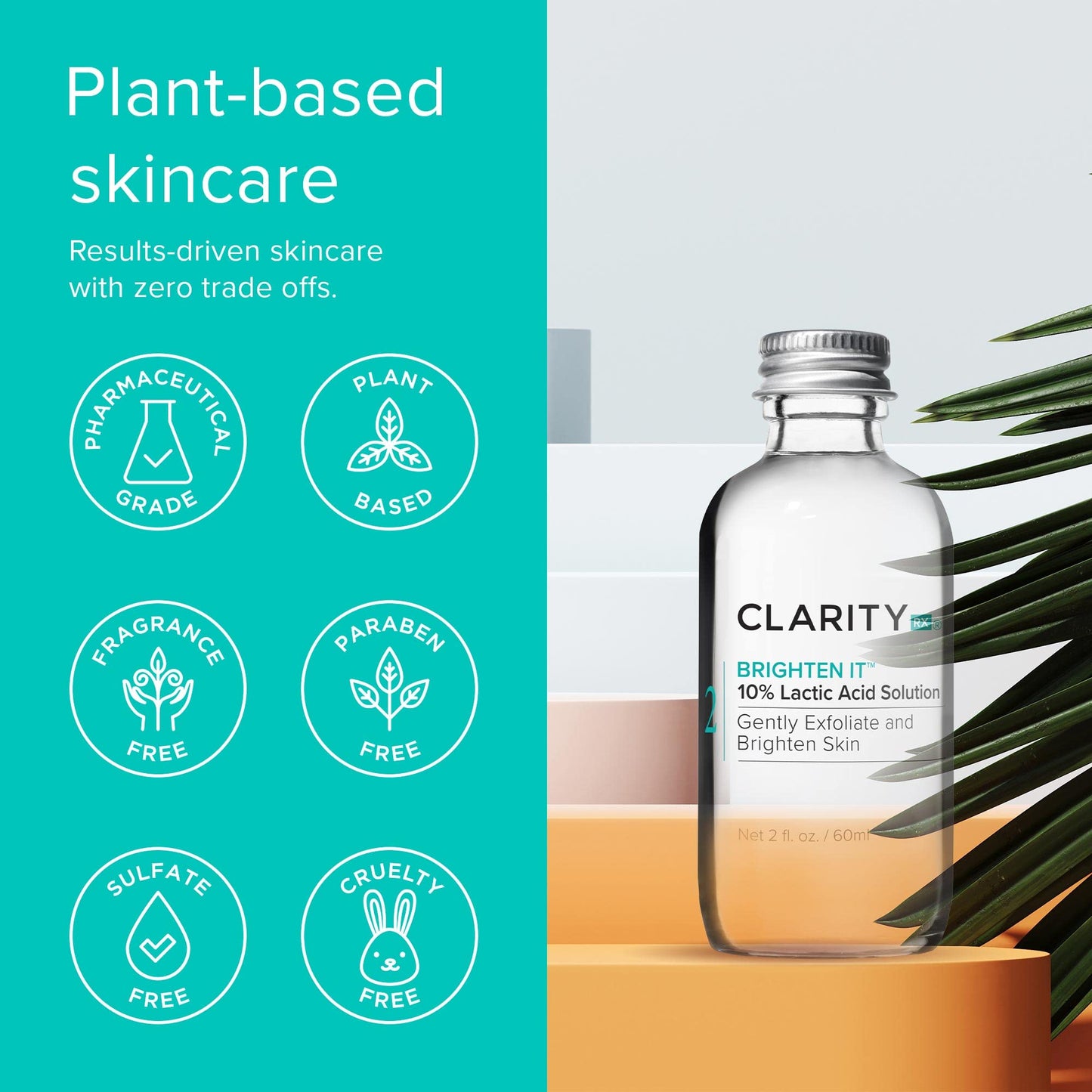 ClarityRx Brighten It 10% Lactic Acid Solution, Natural Plant-Based Exfoliating Face Treatment for Dark Spots, Discoloration & Uneven Skin (2 fl oz)
