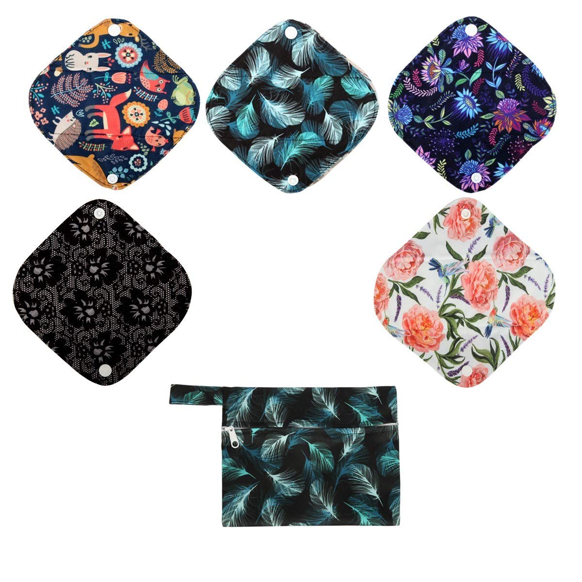 5 Cloth Menstrual Pads 1 Wet Bag XS Panty Liners Reusable Washable (Blue Feather Down, XS Panty Liners)