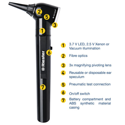 Riester 2101-201 e-scope Direct Illumination Otoscope with 2.5V Xenon, Black