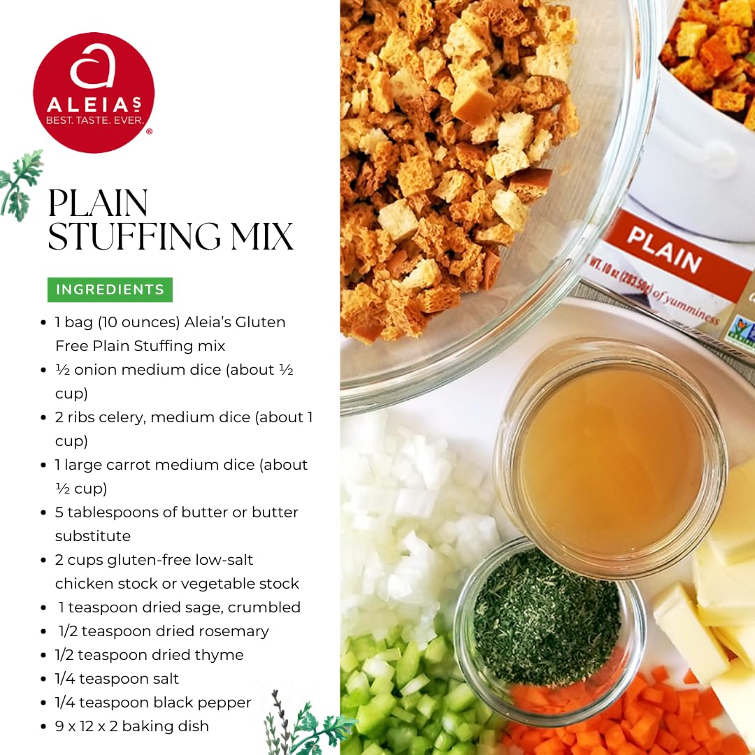 Aleia’s Gluten Free Plain Stuffing Mix – 10 oz (2 Pack) – Classic Gluten Free Stuffing – Free from Gluten, Corn, Soy, Dairy – Low Sodium, Non-GMO