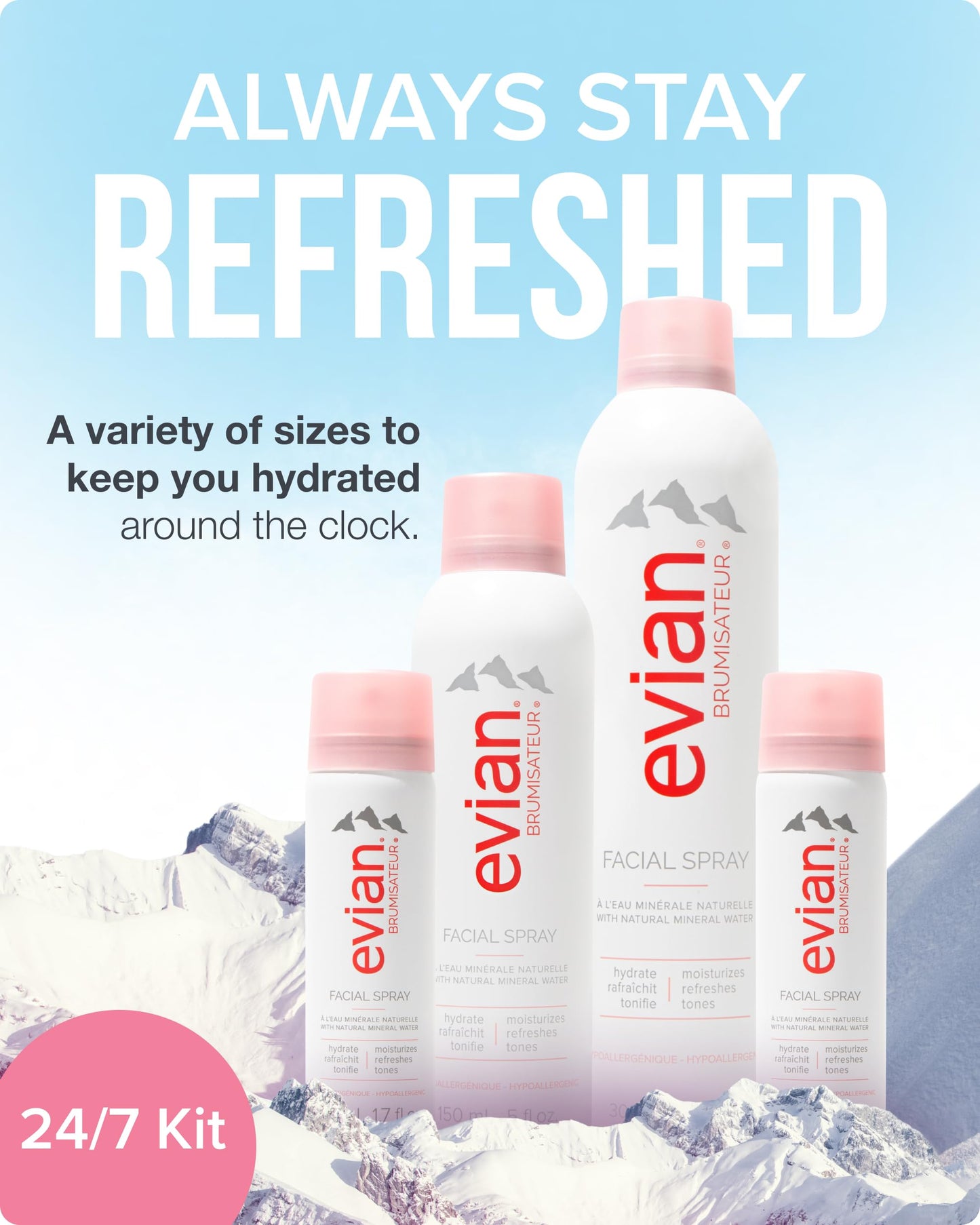Evian Facial Spray 24/7 Kit - Hydrating Mineral Water Mist for Face & Skin - Refreshes Makeup, Sets, & Tones - Travel-Friendly Sizes for Daily Moisture Boost