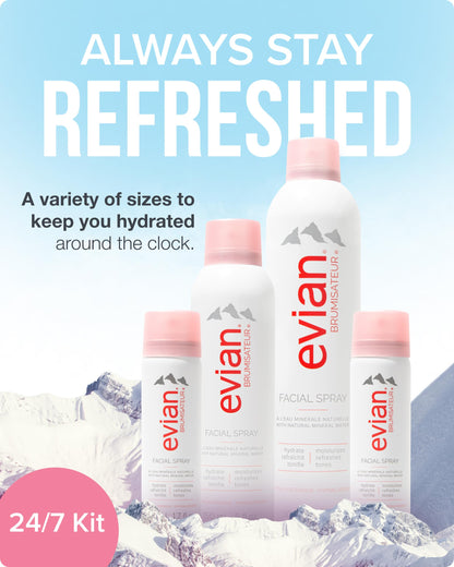Evian Facial Spray 24/7 Kit - Hydrating Mineral Water Mist for Face & Skin - Refreshes Makeup, Sets, & Tones - Travel-Friendly Sizes for Daily Moisture Boost