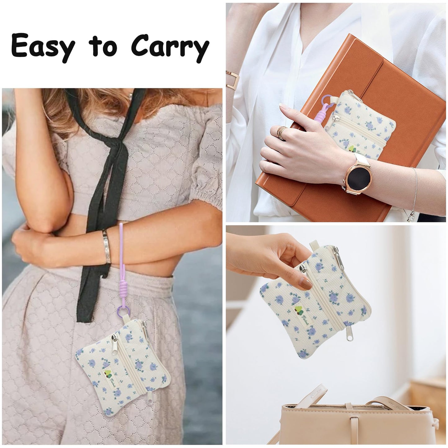 Cute Corduroy Period Bag for Purse, Discreet Zipper Sanitary Pad & Tampon Holder, Portable Coin Storage Pouch, Thoughtful First Period Gift (Blue Rose)