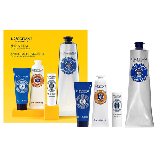 L'OCCITANE Shea All Day Body Skincare Gift Set, Ultra Rich Cream, Hand Lotion, Foot Balm, Nourishing Lip Care, Hydrate & Comfort Dry, Cracked Skin