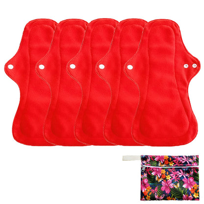 6Pcs Resuable Waterproof Menstrual Pad Sets Including 1Pc Mini Wet Bag and 5Pcs Heavy Flow Red Color Microfleece Stay Dry Menstrual Pads Mama Cloth Sanitary Napkins…