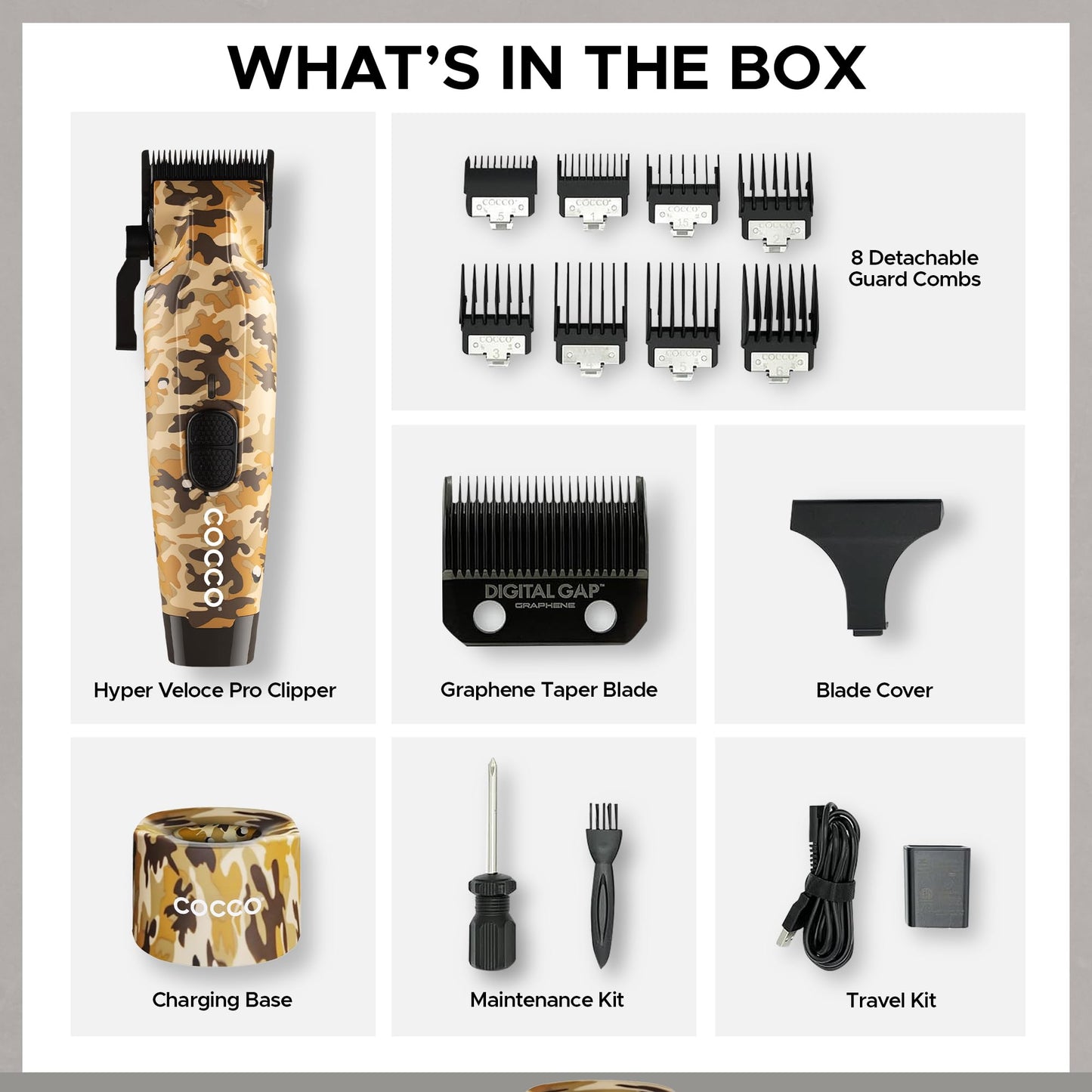 Cocco Hyper Veloce Pro Clipper, Digital Gap Ambassador Graphene Taper Blade Professional Hair Clippers, High-Torque BLDC Motor, All-Metal, Cordless, Charging Station Included (Camo)