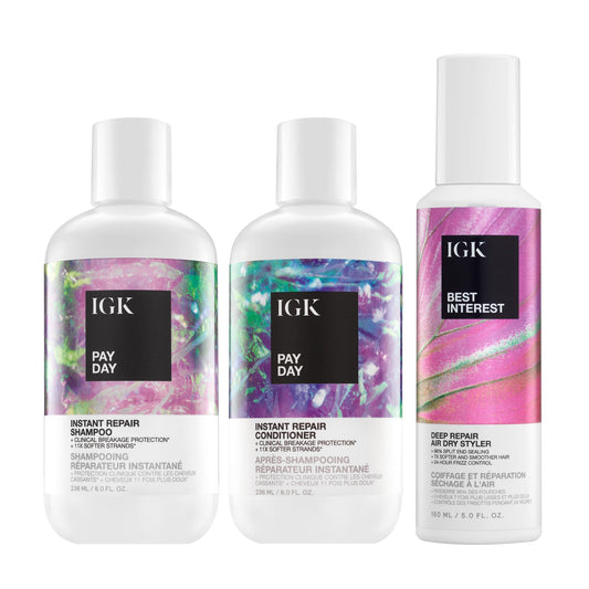 IGK Pay Day Instant Repair Shampoo + Pay Day Instant Repair Conditioner + Best Interest Deep Repair Air-Dry Styler – Hair Repair, Hydration & Styling Trio – Vegan & Cruelty-Free