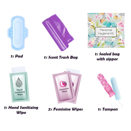 Menstrual Kit All-in-One | Convenience on The Go | Single Period Kit Pack for Travelling, Tweens & Teenagers | Individually Wrapped Feminine Hygiene Products (Butterflies) (60 Pack)
