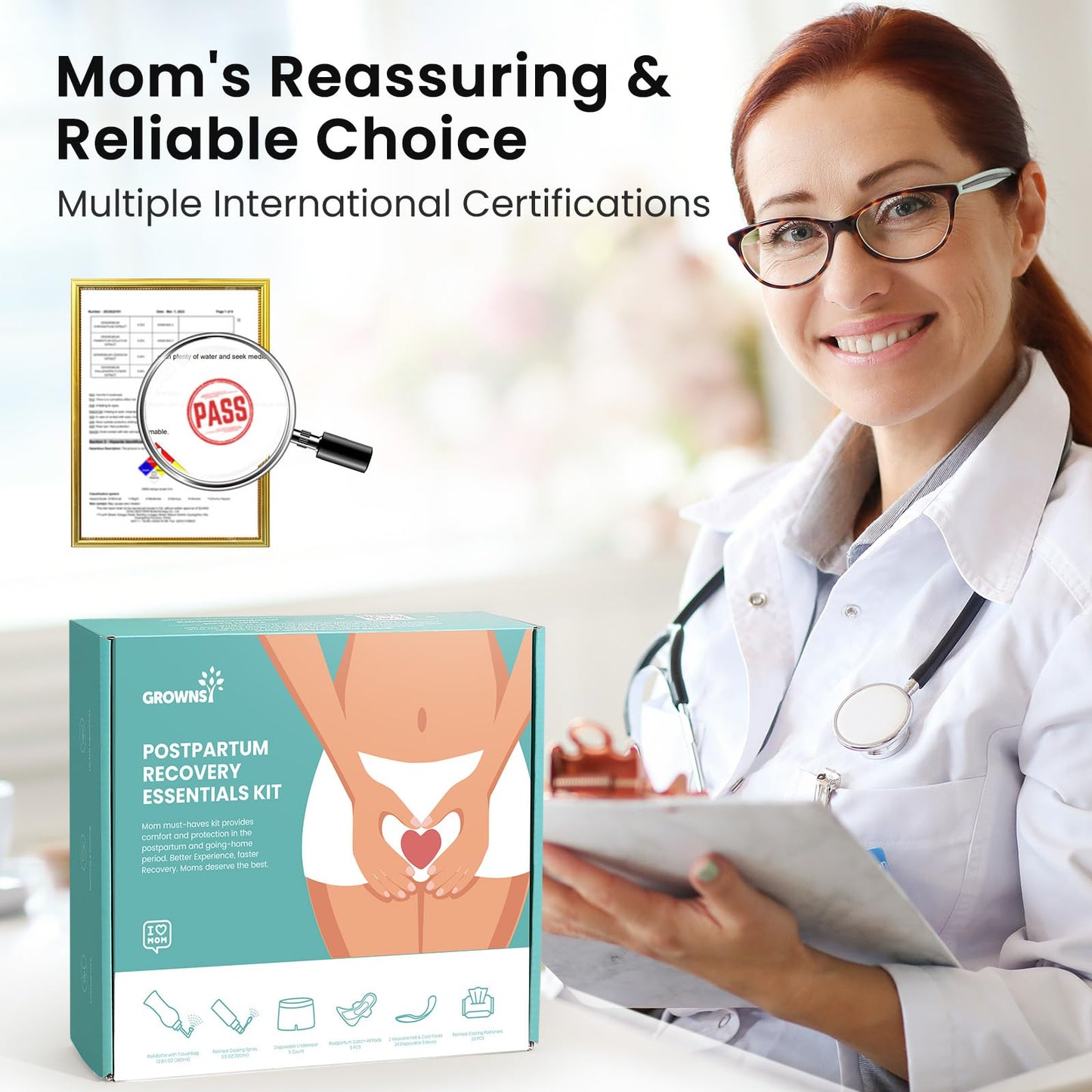Grownsy 15pc Postpartum Essentials Recovery Kit | Postpartum Kit for Women | Includes 5 Postpartum Pads, 5 Disposable Underwear, 2 Ice Packs, Peri Bottle, Perineal Spray & 28 Cooling Pad Liners