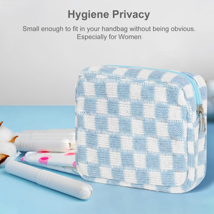 Sanitary Napkin Storage Bag, Menstrual Pad Zipper Bag Checkered Portable Period Bag Panty Liners, Tampon Storage Pouch for Women Ladies Daily Use Storage Purse Travel