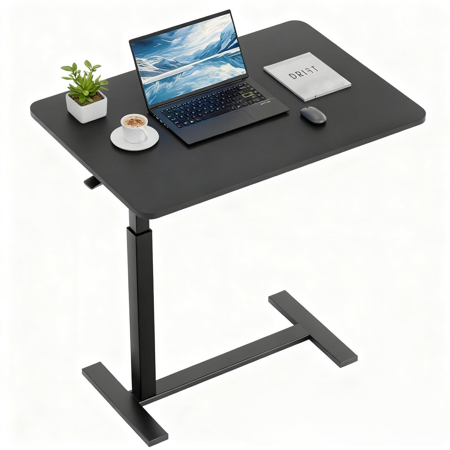 Overbed Bedside Table with Hidden Casters, Adjustable Pneumatic Mobile Laptop Computer Standing Desk, Rolling Laptop Table, Movable Overbed Table Hospital Home Use, Black