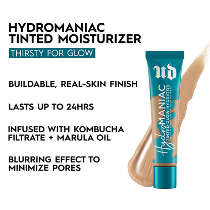 Urban Decay Hydromaniac Dewy Foundation, Hydrating Tinted Moisturizer for Dry Skin, Buildable Medium Coverage, with Kombucha Filtrate & Marula Oil, Non-comedogenic, Vegan, Cruelty-free - 1.1 fl oz
