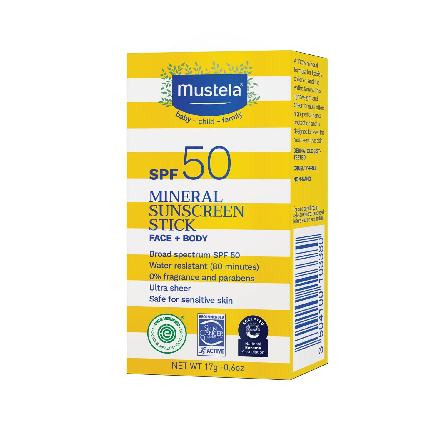 Mustela Baby Mineral Sunscreen Stick SPF 50 Broad Spectrum - Face & Body Sun Stick with 70% Organic Ingredients - Ultra Sheer, Water Resistant & Fragrance-Free - 0.6 oz.