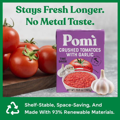 Pomì Crushed Tomatoes with Garlic 13.8oz (Pack of 12) - No Salt Added, No Additives or Preservatives, GMO-Free, Gluten-Free, Made from 100% Fresh Italian Tomatoes, BPA-Free