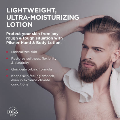 MKS eco for Men Pilsner Hand & Body Lotion, Sandalwood Scent - 10 oz - Hydrate, Smooth & Protect Skin - With Hemp Seed Oil & Argan Oil - Vegan, Cruelty Free