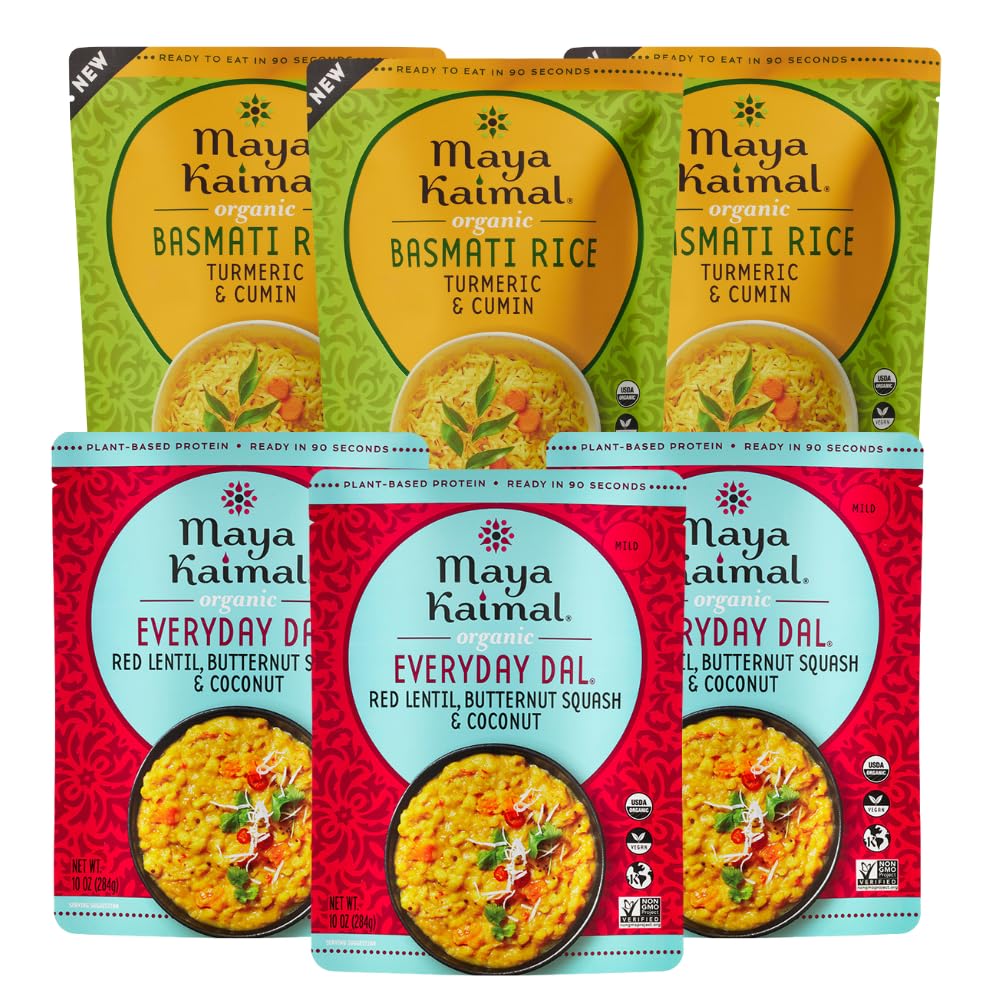 Maya Kaimal Rice and Dal Variety Pack, 6 pack Variety of 10oz Ready to Eat Meals - Fully Cooked - Vegan - Kosher - Microwavable