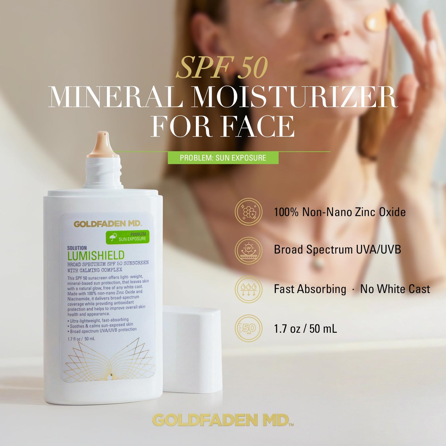 Goldfaden MD LumiShield SPF 50 Mineral Sunscreen - Zinc Oxide, Niacinamide & Vitamin C, Hydrating, No White Cast, 1.7 oz
