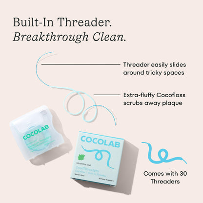 CocoPlush Floss Threaders by Cocolab, Expanding Woven Floss with Built-in Threader for Braces, Implants and Bridges, Coconut Oil Infused, Mint Scent, 30 Count, 1 Pack