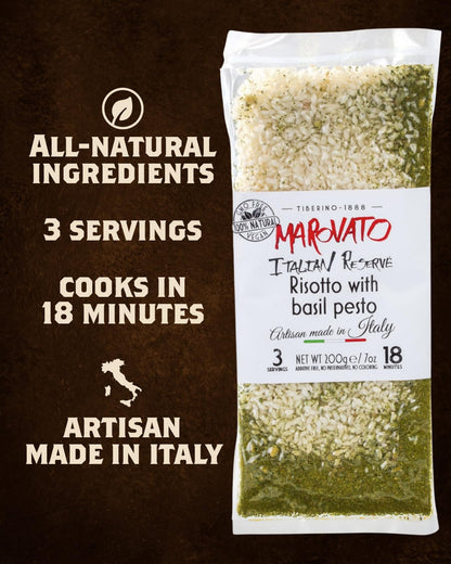 Tiberino's Real Italian Meals - Risotto w/ Basil Pesto, All Natural Ingredients, Imported from Italy, No GMOs, Additives or Preservatives, Vegan Friendly, 1 Pan Cooking, No Straining Needed, 7 oz