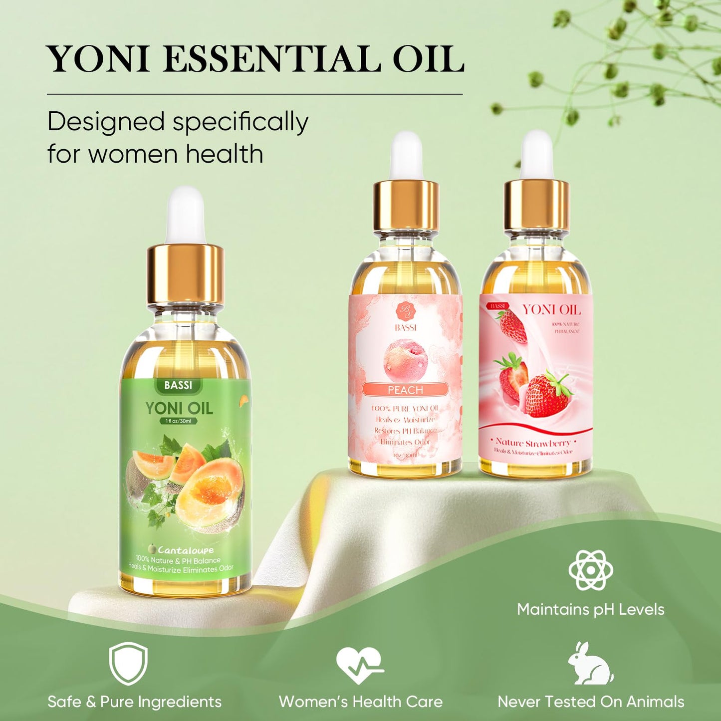 3 PCS Natural Yoni Oil for Women -Feminine Oil Vaginal Moisturizer - Reduces Odor, Restores pH Balance, Helps with Vaginal Itch, Herbal Yoni Blend with Strawberry Peach Hami Melon