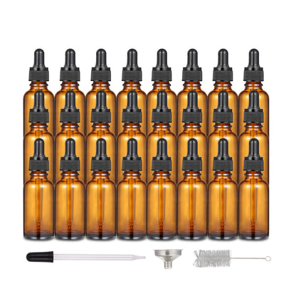 24 Pcs 1 oz Amber Glass Dropper Bottles, Leak-Proof Tincture Bottles with 2 Stainless Steel Funnel, 1 Extra Dropper, 48 Stickers & 1 Brush for Essential Oils, Perfume, Hair Oil, Travel Liquids