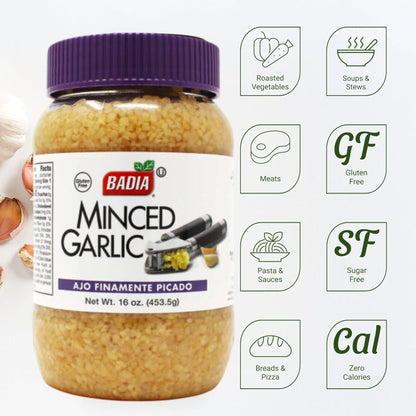 Badia Minced Garlic in Water, 16 oz - Fresh Minced Garlic, Bold Flavor for All Purpose Cooking, Gluten Free