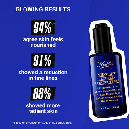 Kiehl's Midnight Recovery Concentrate Moisturizing Face Oil, Lightweight Facial Serum, Restores Skin Radiance Overnight, Reduces Fine Lines, Refines Skin Texture, 99.4% Naturally Derived - 3.4 fl oz