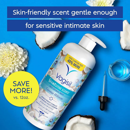 Vagisil Feminine Wash for Intimate Area Hygiene, Scentsitive Scents, pH Balanced and Gynecologist Tested, Coconut Hibiscus, 16.9 oz with Pump