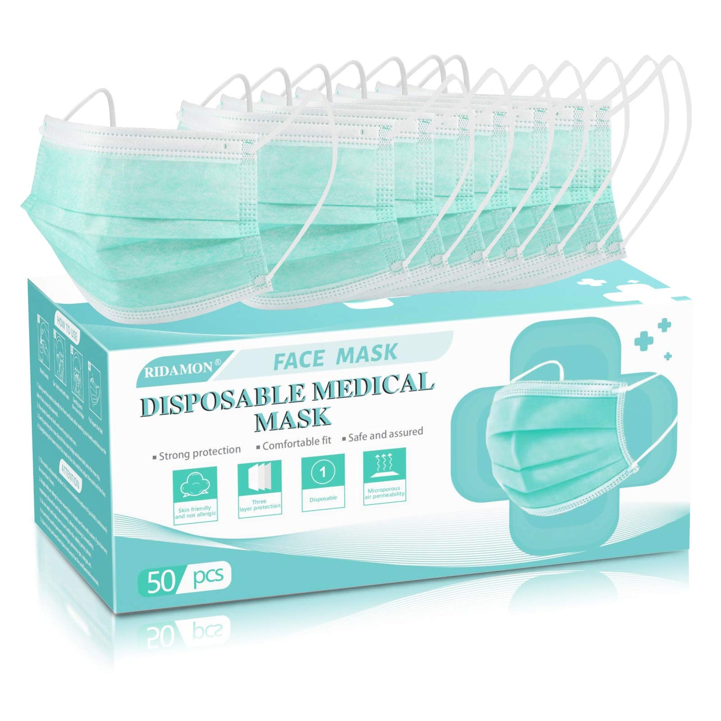 Medical 50 Pcs Disposable Face Mask 3 Layer Protective Masks Green