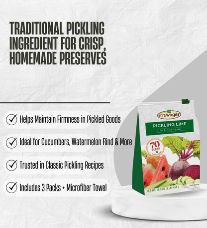 3x Pickling Lime by Mrs. Wages 16 oz Bundle with Microfiber Cloth – Ideal for Crisp, Flavorful Pickles, Green Tomatoes, Watermelon Rinds, and Citron – Gift Set (4 Items)