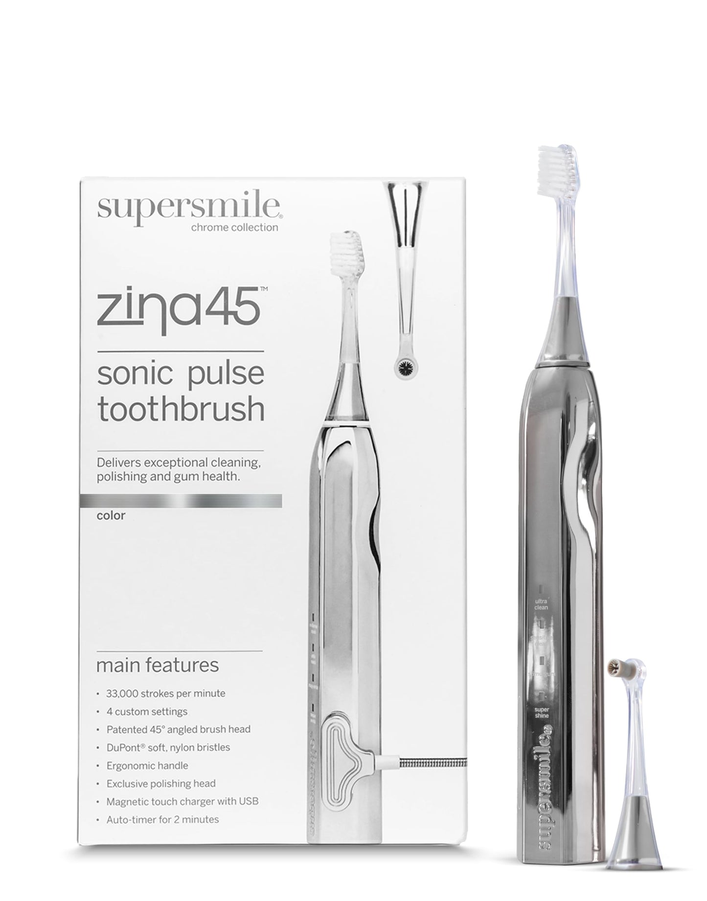 Supersmile Zina45™ Sonic Pulse Toothbrush – Angled Brush with polishing Head for Advanced Cleaning – for Visibly Whiter Teeth and Healthier Gums