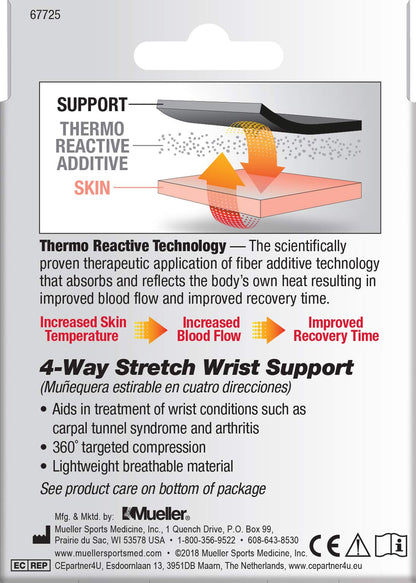 Mueller Sports Medicine FIR 4-Way Wrist Support, Wrist Pain Relief Support for Men and Women, Ideal for Carpal Tunnel, Tendinitis, Arthritis, Black/Blue