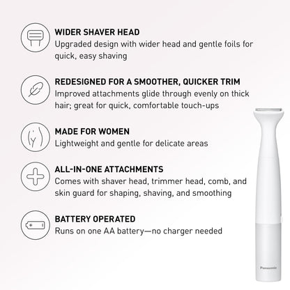 Panasonic Bikini Trimmer and Shaver for Women with 4 Attachments for Fast Easy Gentle Grooming in Intimate Areas, Use Wet/Dry, Electric Razor, Battery-Operated – ES-WV62-H (White/Silver)