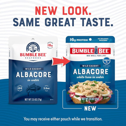 Bumble Bee Chunk White Albacore Tuna in Water, 2.5 oz Pouches (Pack of 12) - Ready to Eat Wild Caught Tuna Packet - 16g Protein per Serving, High in Omega-3s - Non-GMO, Gluten Free, Kosher