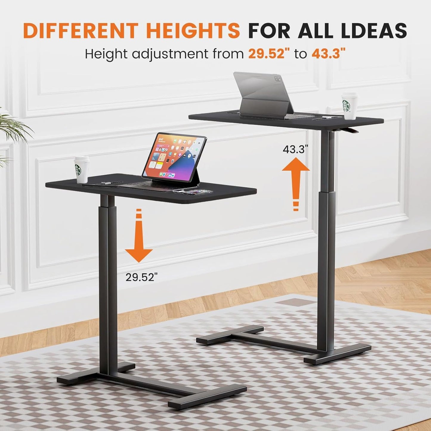 Overbed Bedside Table with Hidden Casters, Adjustable Pneumatic Mobile Laptop Computer Standing Desk, Rolling Laptop Table, Movable Overbed Table Hospital Home Use, Black
