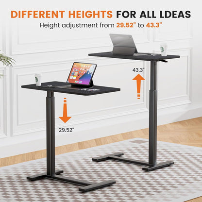 Overbed Bedside Table with Hidden Casters, Adjustable Pneumatic Mobile Laptop Computer Standing Desk, Rolling Laptop Table, Movable Overbed Table Hospital Home Use, Black