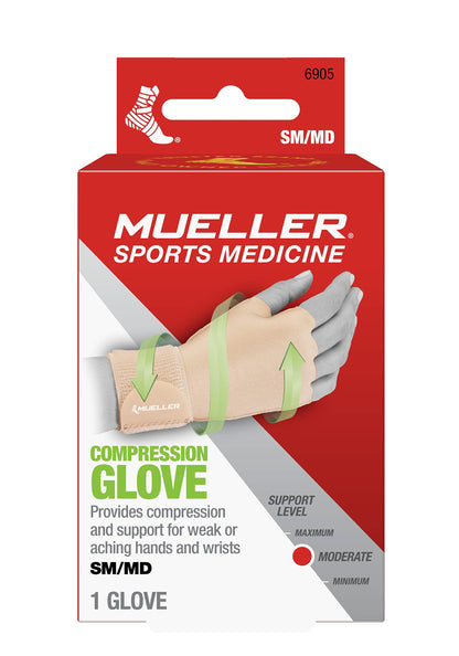 MUELLER Sports Medicine Compression Glove for Men and Women, Hand & Wrist Pain Relief Support, Ideal for Carpal Tunnel, Arthritis, Fits Right or Left, Beige