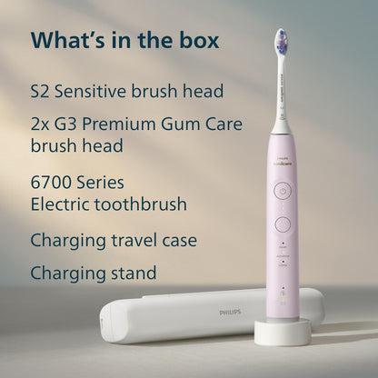 Philips Sonicare 6700 Series Electric Toothbrush - Next-Generation Sonicare Technology, Pressure Sensor, 9 Brushing Settings, SmarTimer, 21-Day Runtime, Travel Case, Light Pink, HX7412/04