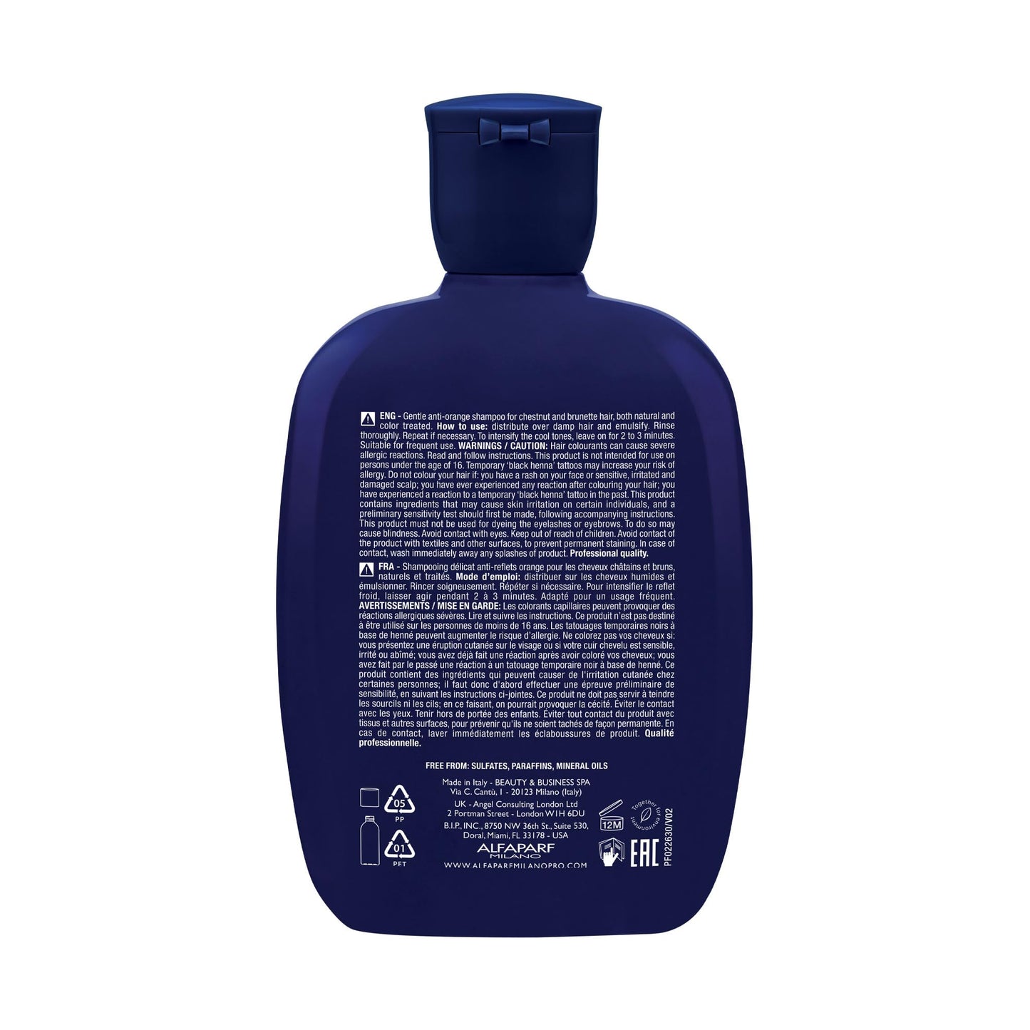ALFAPARF MILANO Semi di Lino Blue Shampoo for Brunette, Brown, Chestnut & Dark Hair - Anti Orange Shampoo - Sulfate Free - Removes Brass & Unwanted Orange Tones (8.45oz)