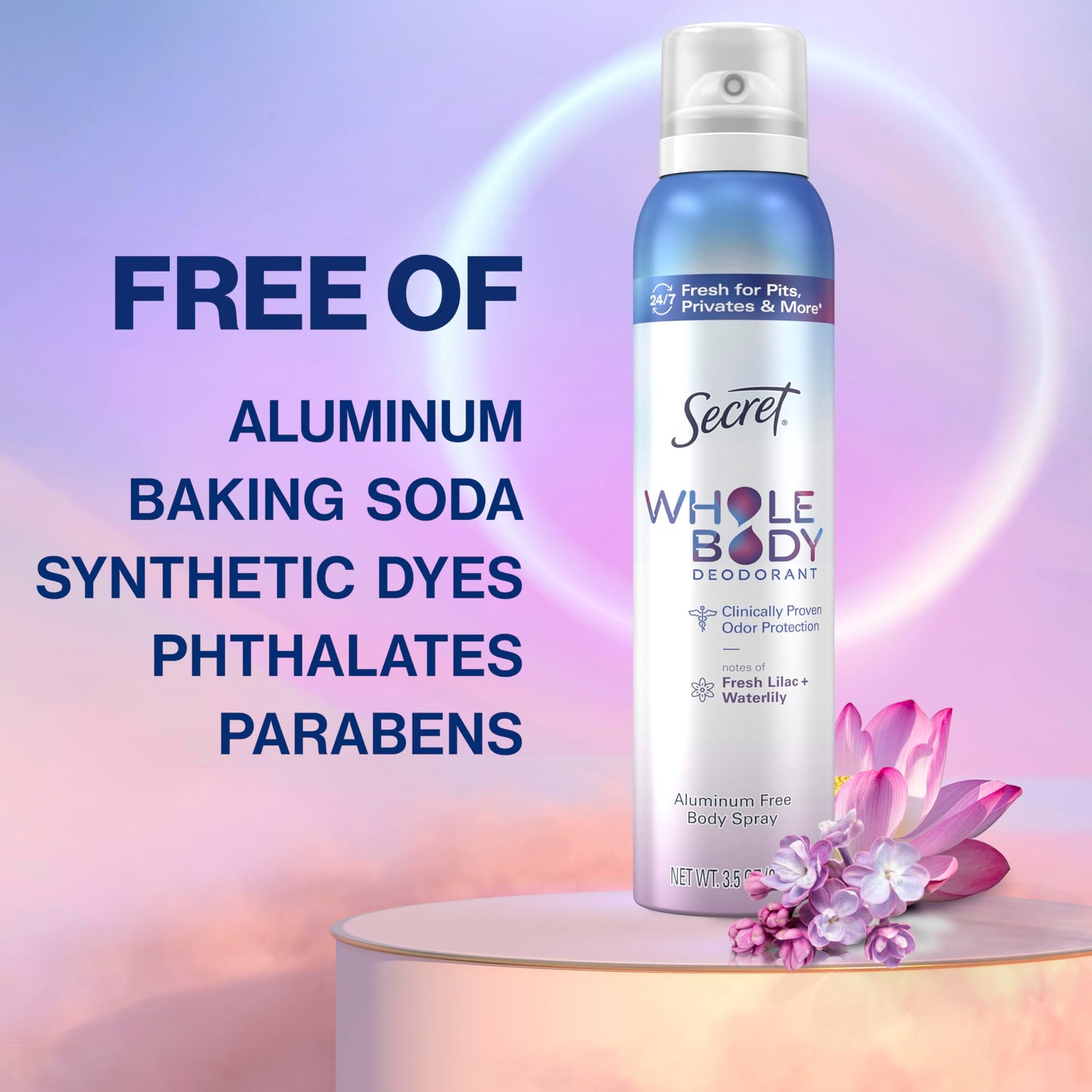 Secret Whole Body Feminine Wash + Deodorant Spray Bundle for Women, Lilac + Waterlily Scent, Aluminum Free, Odor Protection, 8 oz & 3.5 oz (Pack of 2)