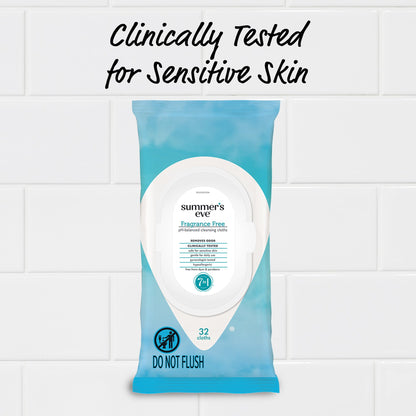 Summer's Eve Feminine Wipes, Fragrance Free, Vaginal Wipes with Gentle pH-Balanced Micellar Water Formula, Feminine Care to Help Remove Vaginal Odor, Gynecologist Tested, 32 Wipes, 4 Pack