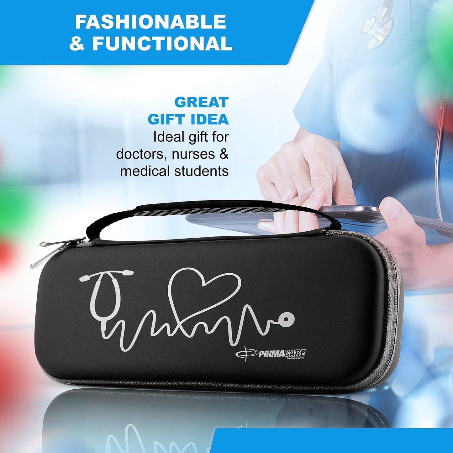 Primacare KB-9397-BK Stethoscope Case, Supplies Included, Black with Multiple Compartments, Portable and Lightweight First Aid Kit Bag with Vital Medical Supplies, Nursing Accessories for Nurses