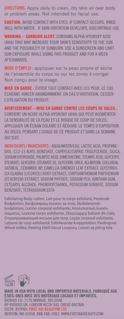 First Aid Beauty - KP Smoothing Body Lotion with 10% AHA, Chemically Exfoliates & Moisturizes with Urea, Colloidal Oatmeal & Ceramides, Deep Hydration + Helps Reduce Keratosis Pilaris Bumps, 6 oz