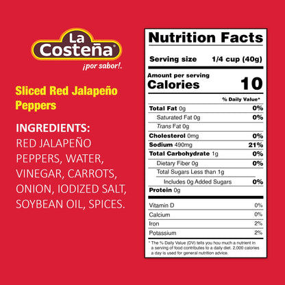 La Costeña Sliced Red Jalapeno Peppers for Mexican Food, Jalapeno Salsa, Enchiladas, Guacamole, Spicy Nacho & Taco Toppings - Pickled Vegetables - 7oz, 24 Pack Cans