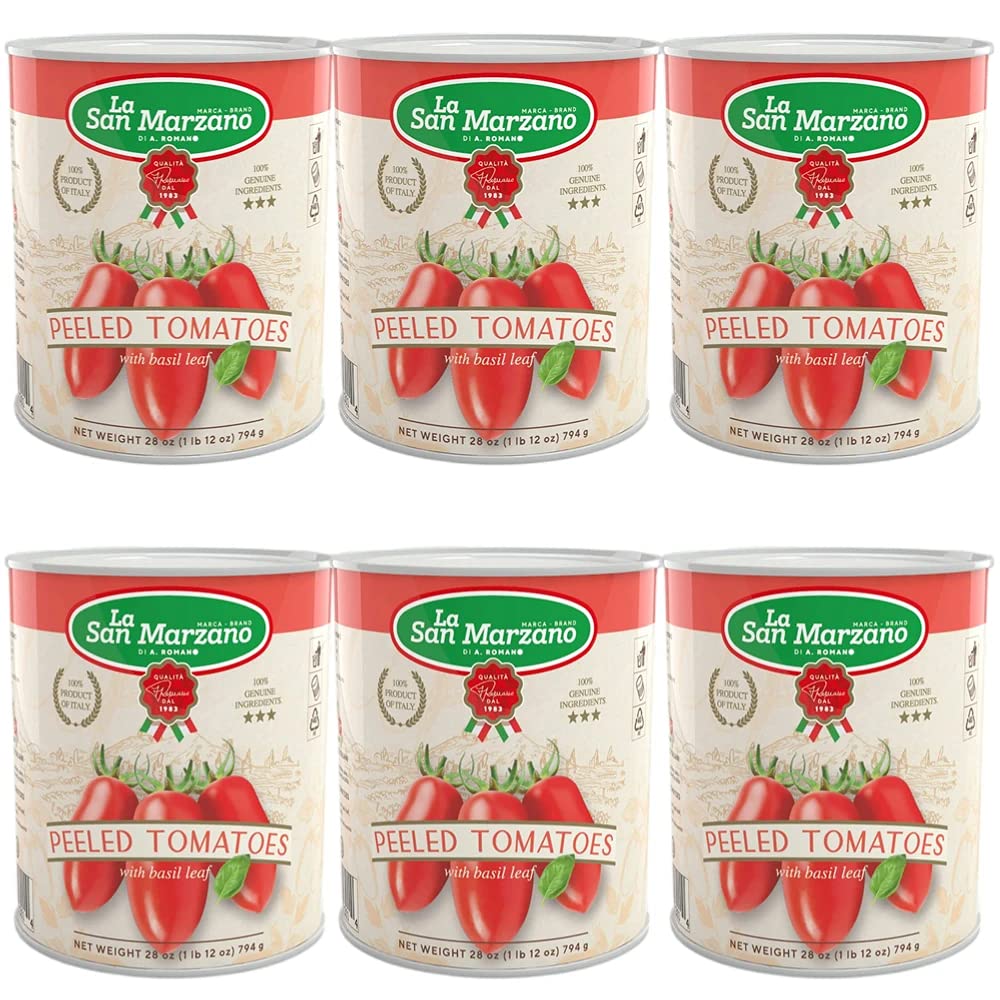 La San Marzano 6 Pack, Italian Whole Peeled Tomatoes in Puree with Basil, Non- dop, Packed in San Marzano, Product of Italy, 6 x 28 Oz can, Packed in San Marzano Region of Italy by La Regina