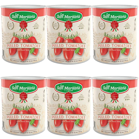 La San Marzano 6 Pack, Italian Whole Peeled Tomatoes in Puree with Basil, Non- dop, Packed in San Marzano, Product of Italy, 6 x 28 Oz can, Packed in San Marzano Region of Italy by La Regina