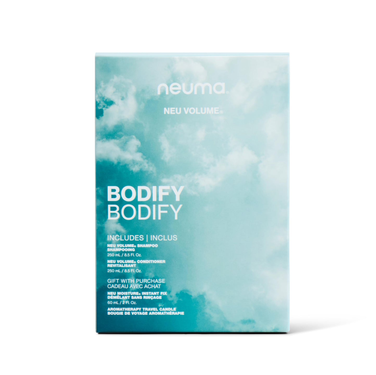 NEUMA Glow Strong. Glow Bright. Bodify Gift Set. Neu Volume 8.5 Fl Oz. Shampoo and Conditioner + Neu Moisture 2 Fl. Oz. Instant Fix + Aroma Therapy Travel Candle