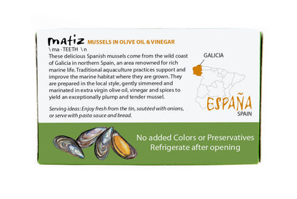Matiz España Mussels in Extra Virgin Olive Oil & Apple Cider Vinegar | 3.92 oz. - 12 Pack | Handcrafted in Galicia, Spain | Sustainably Cultivated Mussels with Spices |